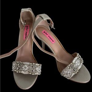 Betsey Johnson Silver Beaded Ankle-Strap Heels
